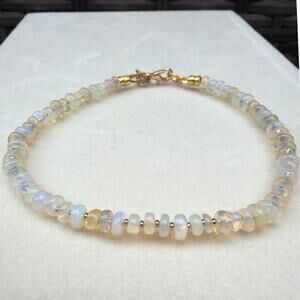 8" Ethiopian Opal Bracelet, Delicate, Artisan, White, Iridescent, Celestial